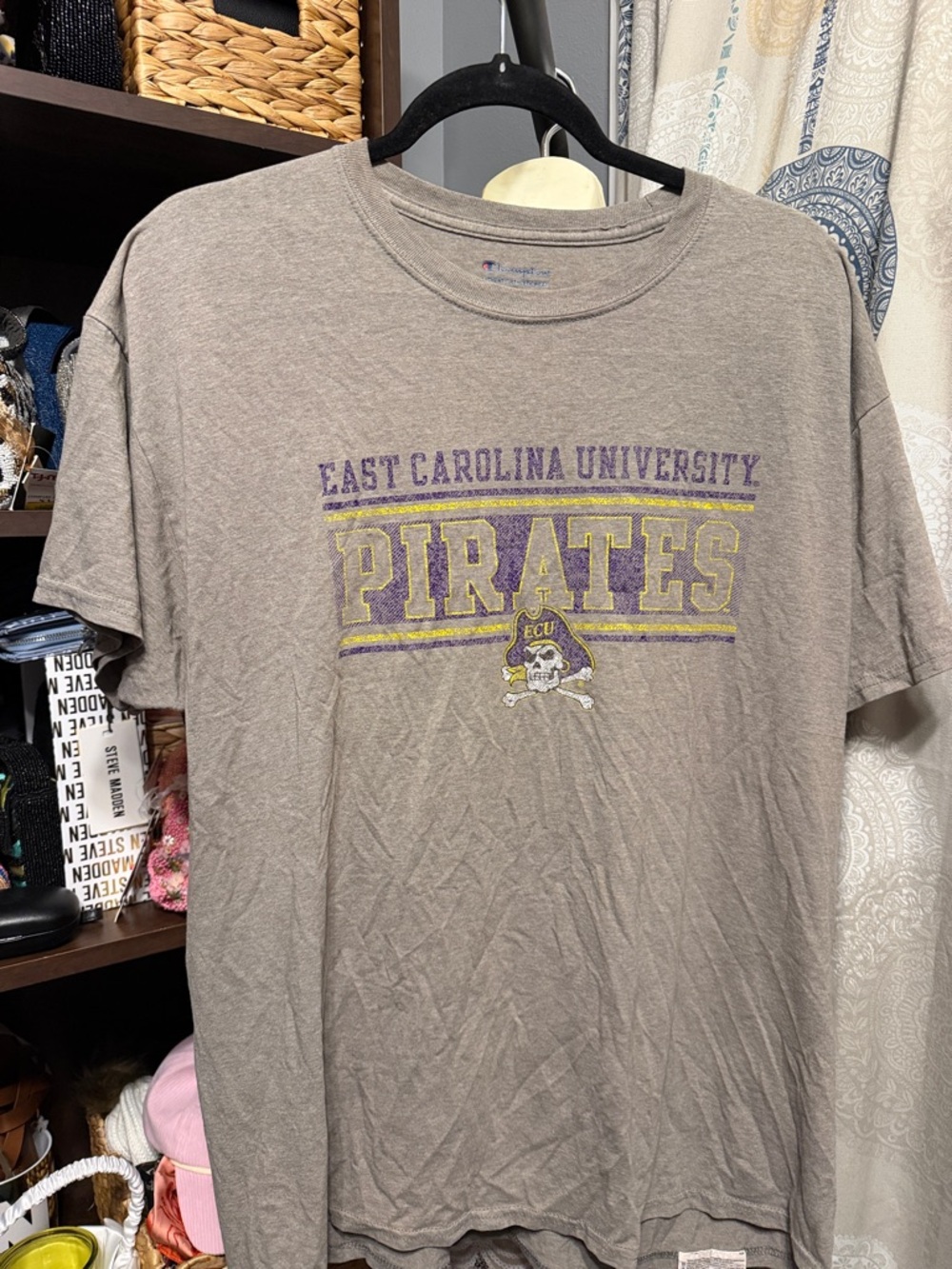 Champion Gray East Carolina Pirates Graphic Tee with Purple and Gold Logo